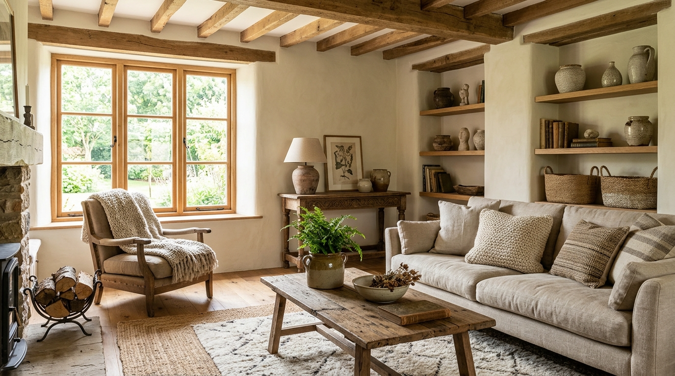 9) Mix natural textures: linen, wood, ceramics, woven baskets